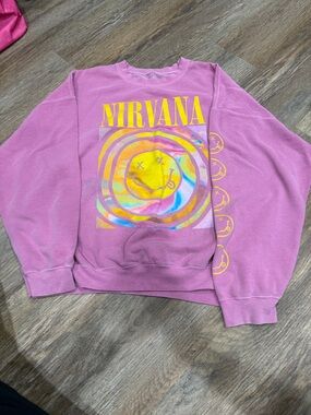 NIRVANA Pink Crewneck with Multicolor Tie-Dye Smiley Graphic